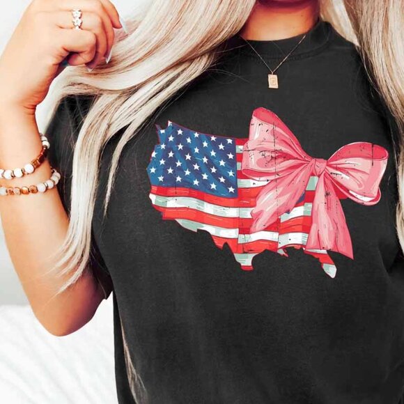 Coquette American Flag T-Shirt, Coquette Bow Shirt, 4th of July Shirt - Picture 3 of 5